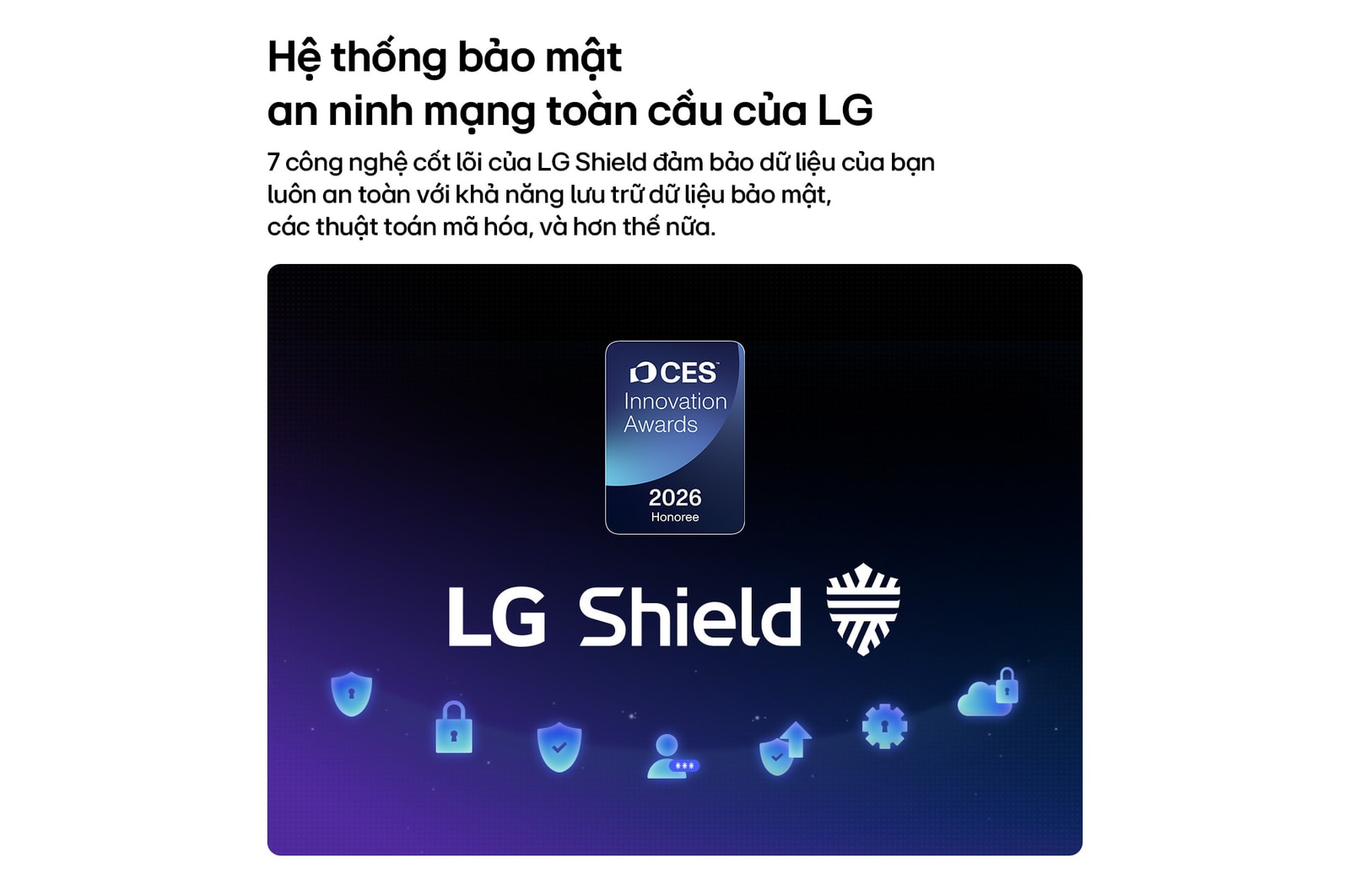 LG Shield, applied to LG QNED evo AI QNED85, is shown with an LG Shield logo at the center, security icons below, and a 2026 CES Innovation Awards Honoree badge above, representing data and system protection.